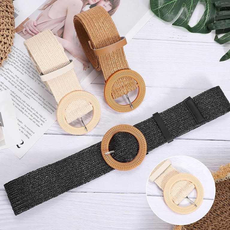 3 Pack Women Straw Woven Elastic Belts Wide Stretch Raffia 
