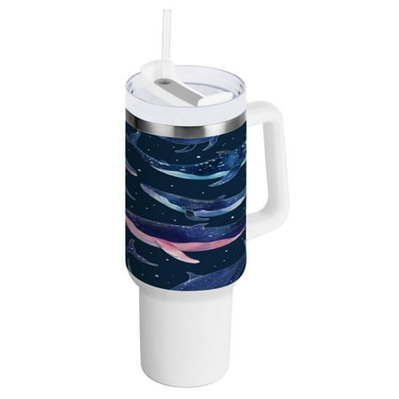 

40 Oz Car Handle Water Bottle 10.8x3.85 Inch Handle And Straw Travel Water Bottle Reusable Stainless Steel Water Bottle Blue Whale