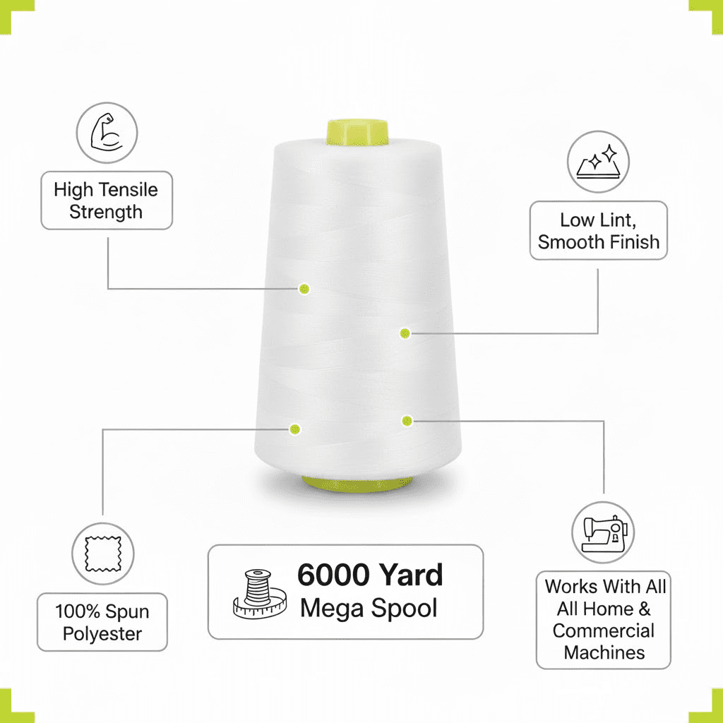 Sedona Designz 6000 Yard Spool White Sewing Thread 100 Percent Polyester All Purpose Overlock Cone
