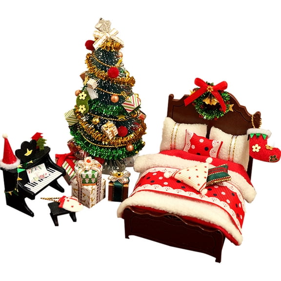 Christmas Miniature Doll house DIY Xmas Bedroom Handmade Model Dollhouse Christmas Decorations Christmas Furniture Bed Christmas Tree Piano Gift Decoration