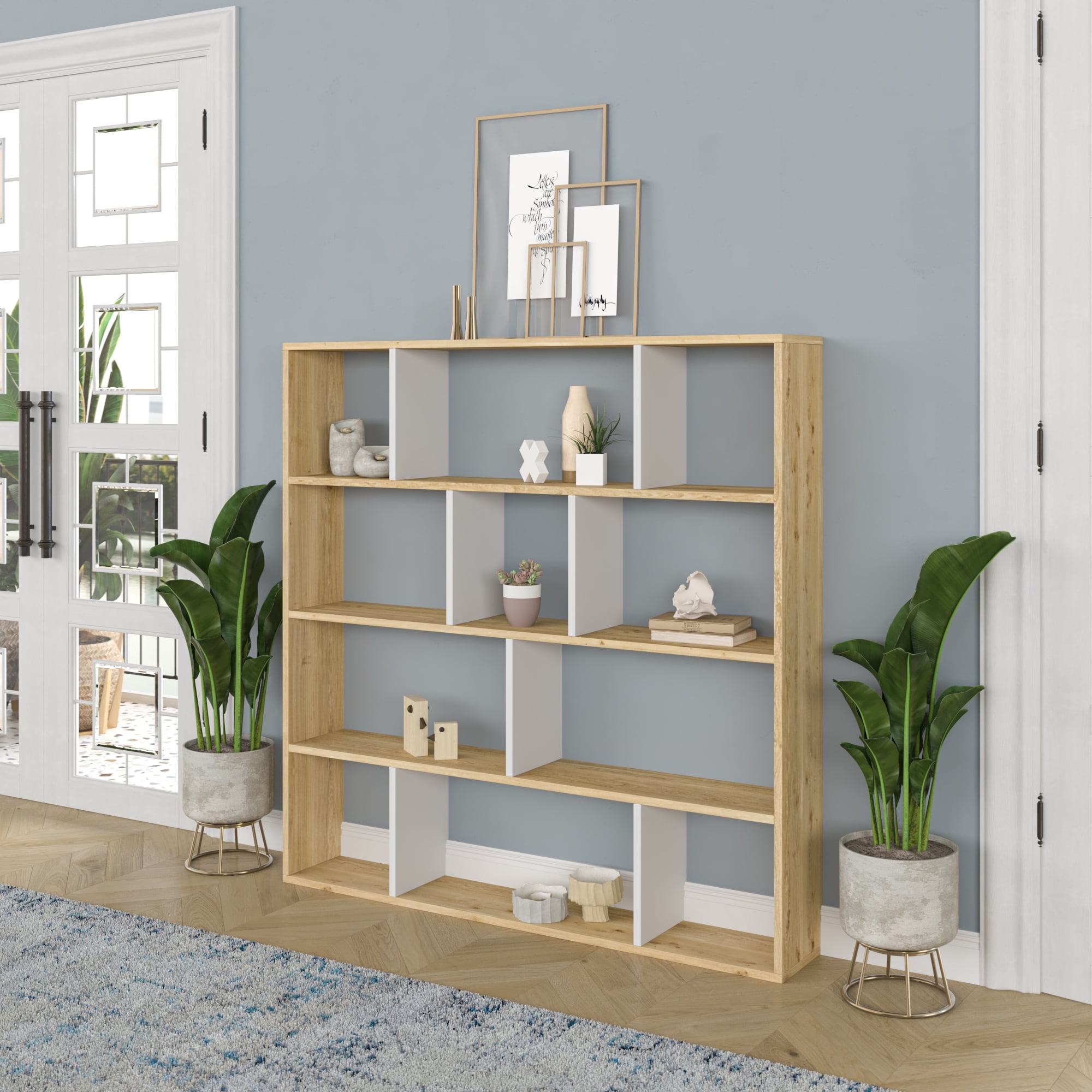 Ada Home Decor Hobdi 4 Tier Open Shelf Cube Modern Bookcase, Oak/White