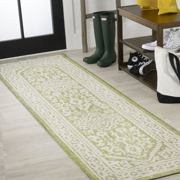 JONATHAN Y SANTA MONICA 2 x 8 Runner Rug, Sinjuri Medallion Textured Weave - Green/Cream, SMB101E-28