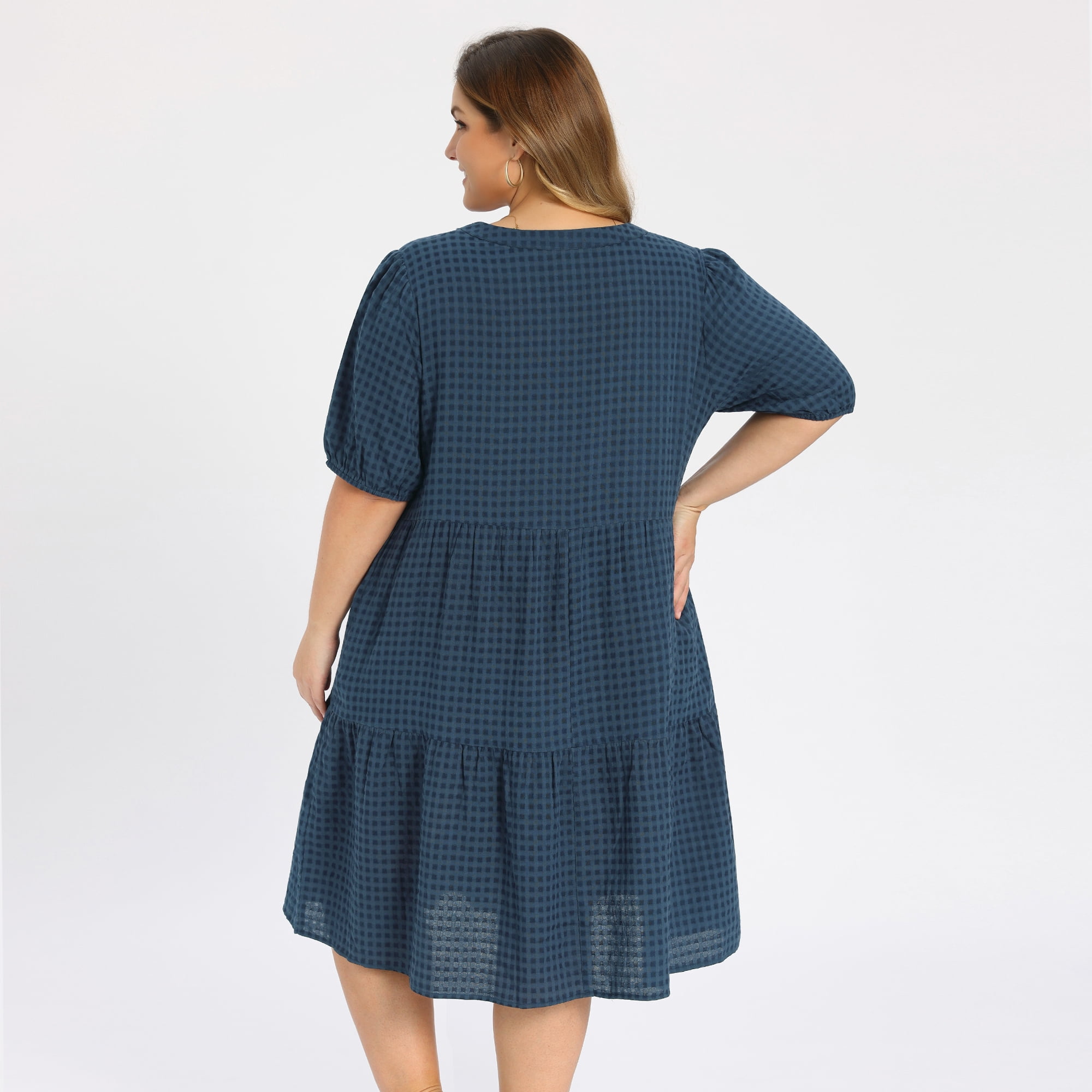 DARING DIVA Women's Plus Notch Neck Plaid Puff Sleeve Tiered Midi Dress 3X Navy Blue