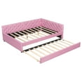 thumbnail image 6 of Full XL Upholstered Daybed with Twin XL Trundle, Tufted Button Platform Bed Frame with Sturdy Slats Support, Low Profile Sofa Bed for Small Spaces, Guest Room, No Box Spring Needed, Pink, 6 of 7