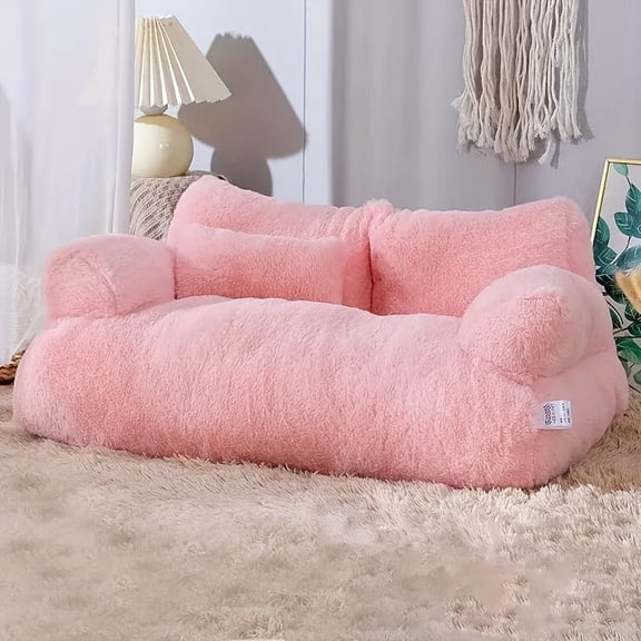 Luxurious Plush Cat Bed in Pink Sofa Style, Removable Washable Cover with Non-Slip Base, Soft Warm Indoor Cat House, No Assembly Required