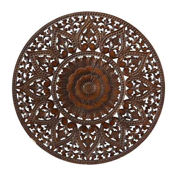 DecMode Brown Wooden Handmade Intricately Carved Circle Mandala Floral Wall Decor with Mandala Design