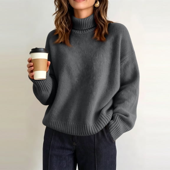 Womens Sweaters Chunky Knit Turtleneck Long Sleeve Pullover Tops Loose Fit Cozy Warm Fall Winter Basic Sweater for Ladies Trendy