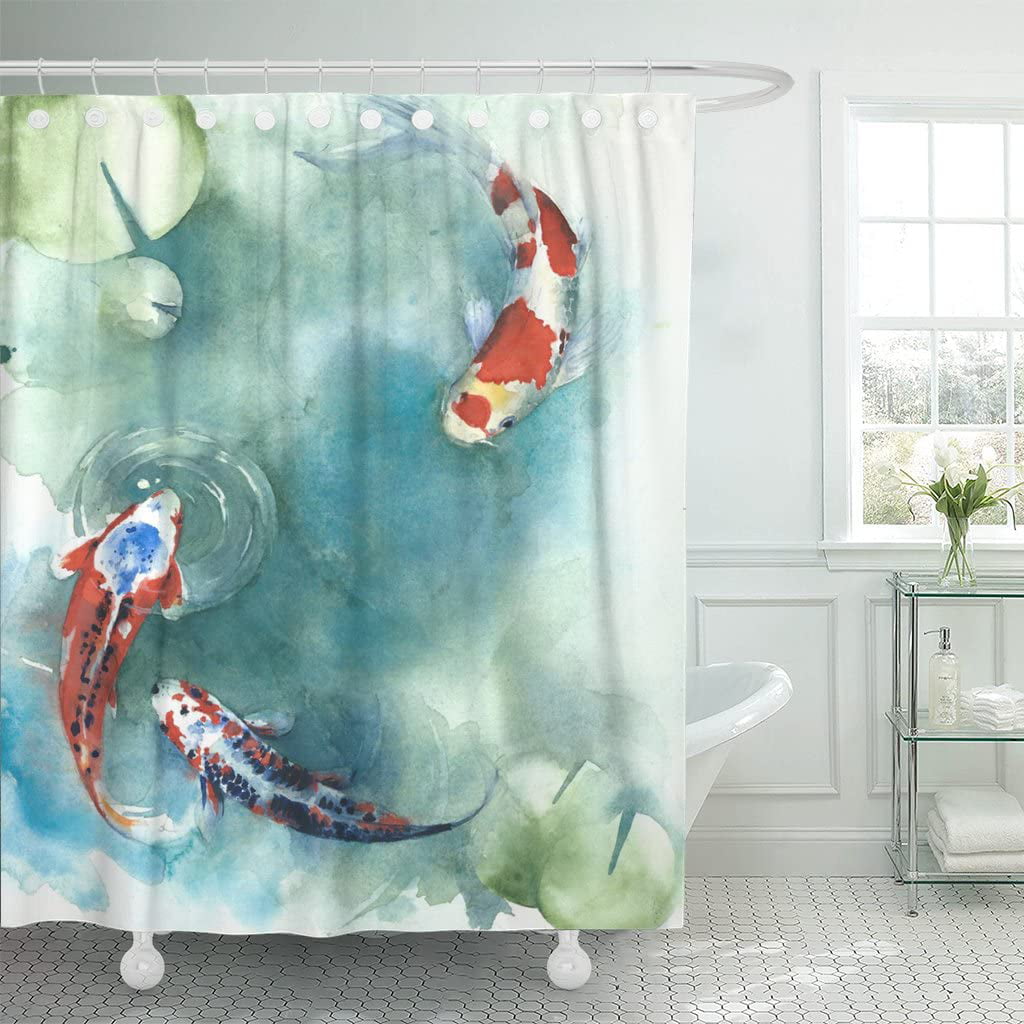 Koi Fish Summer Pond Shower Curtain Waterproof Polyester Fabric Bathroom Mat Set 