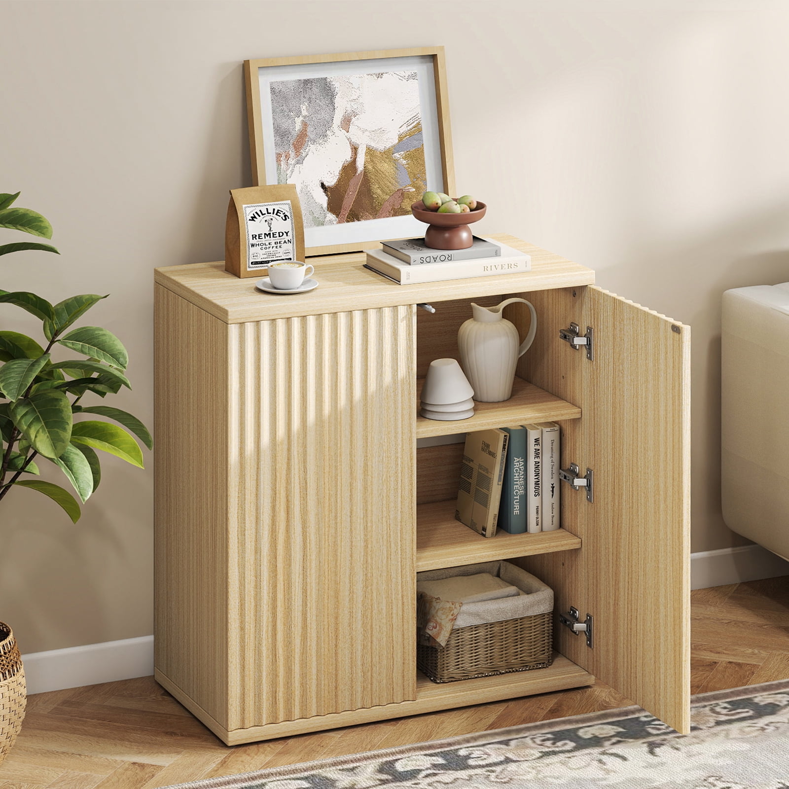 Sideboard Buffet Cabinet with Doors and Adjustable Shelves, Fluted  Small Storage Cabinet for Kitchen,Living Room, Natural Wood