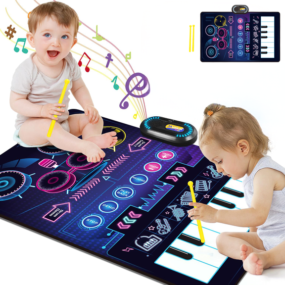 Musical Mat Baby Toys, 2 in 1 Musical Toys Toddler Piano Keyboard & Drum Mat with 2 Sticks,Gifts for 1 2 3 Year Old Boys Girls