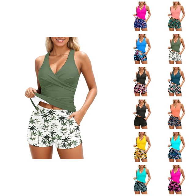 Womens Tankini Swimsuits 2026 Fashion Modest Deep V Neck Crossover Top with Swim Shorts Two Piece Bathing Suits Woman