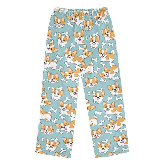 BZSMCE Flannel Pajama Pants Corgi Puppy White Bones Pattern Print Loose Sleep Pants Soft Double Fleece Warm Loungewear with Elastic Waist & Side Pockets S-XL