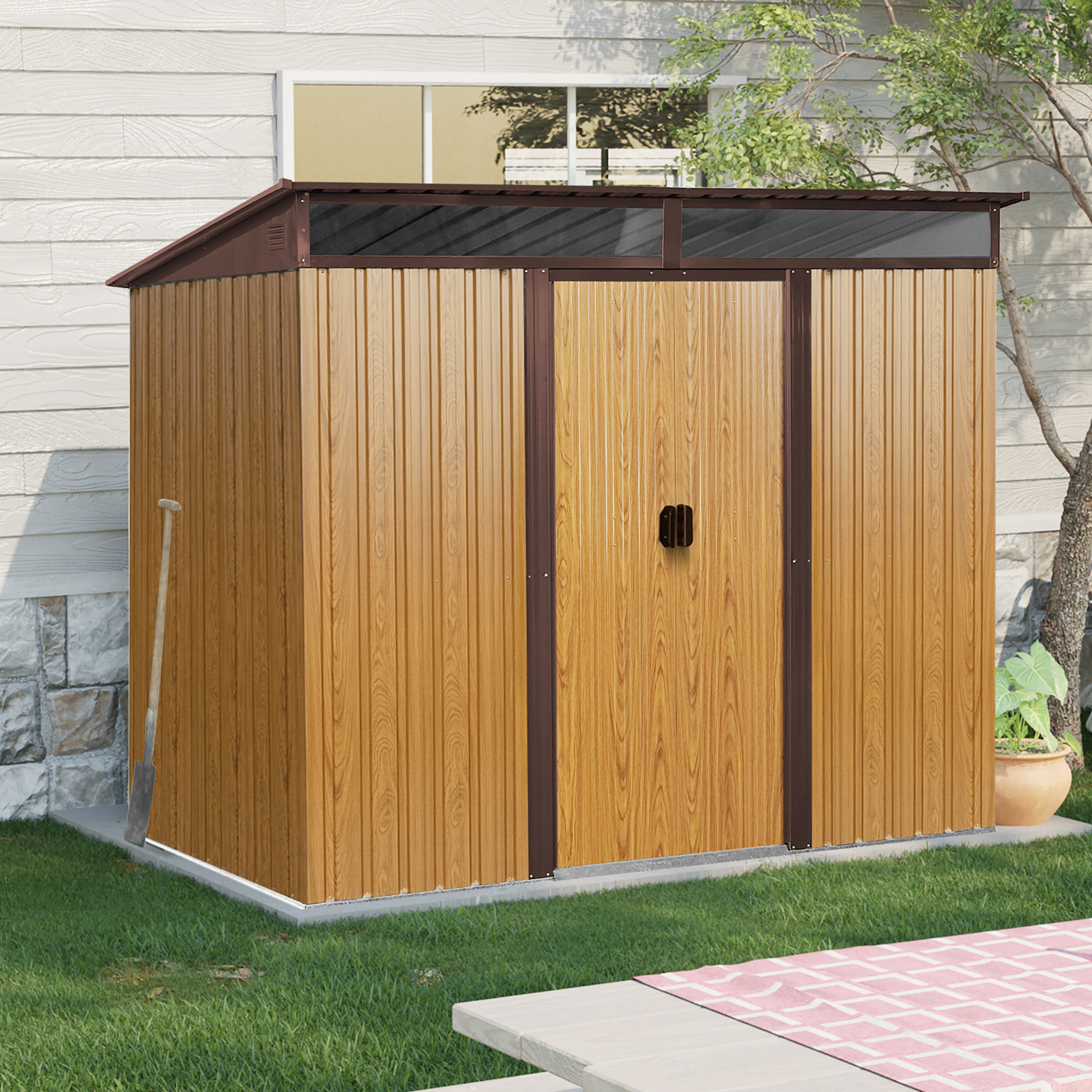 Kosynda 8' x 6' Outdoor Metal Storage Shed with Lockable Sliding Doors, Waterproof Metal Tool Storage House with Transparent Plate for Garden, Lawn, Backyard (Brown)
