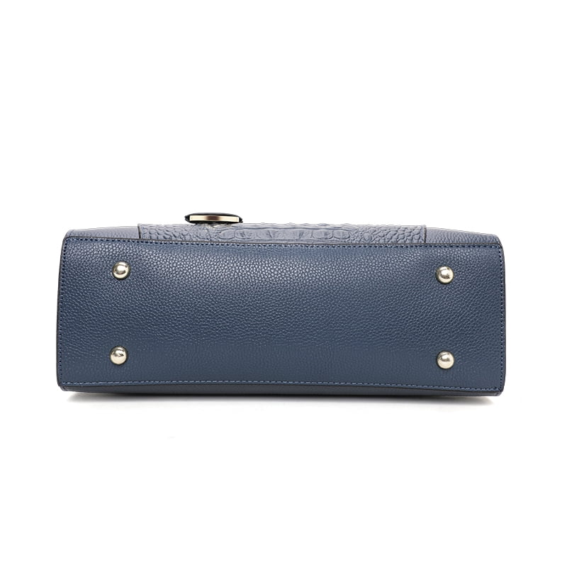 Genuine leather crocodile-patterned handbag detachable shoulder strap cross-body shoulder bag large capacity women's purse (blue)