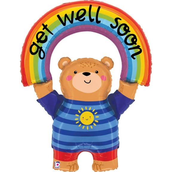 39 inch Betallic Get Well Soon Rainbow Bear Foil Mylar Balloon - Party Supplies Decorations