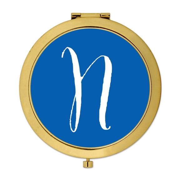 Koyal Wholesale Gold Compact Mirror Bridesmaid's Wedding Gift, Royal Blue, Monogram Letter N, 1-Pack