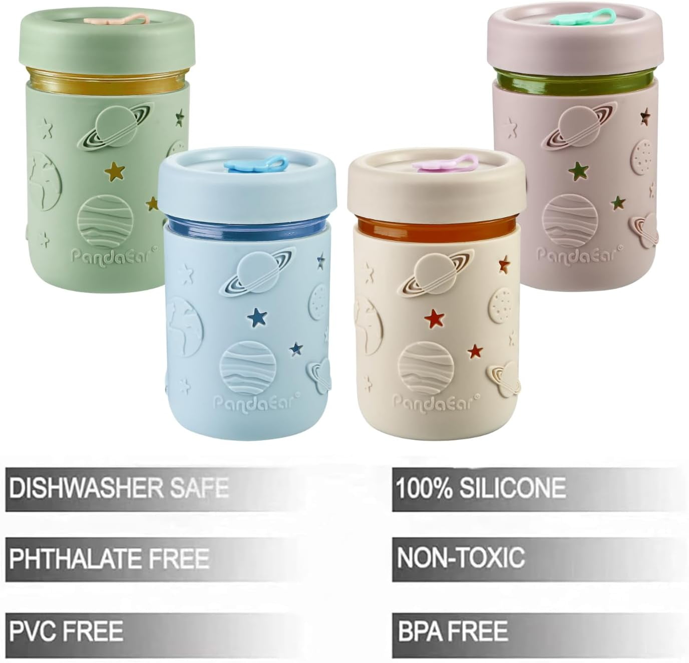 PandaEar 4 Pack Kids & Toddler Glass Cups, Glass Mason Jar Cups 8.45 oz with Silicone Sleeves & Straws, Toddler Spill-Proof Smoothie Cups