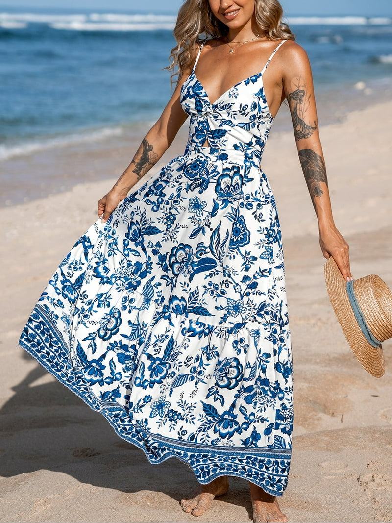 maxi dress xl Dusty Blue Tiered Floral Print Lace Waist Maxi Dress