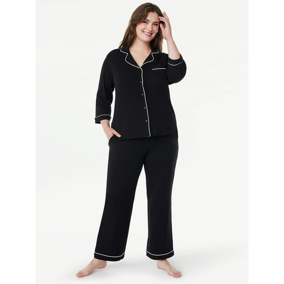 Joyspun Women’s Cotton Blend Notch Collar Top and Pants Pajama Set, 2-Piece, Sizes S-4X