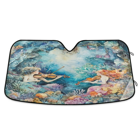 Qxltty The Mermaid Plays Music Car Windshield Sunshades Foldable UV Rays Sun Visor Protector Keep Your Vehicle Cool 53×23.5in