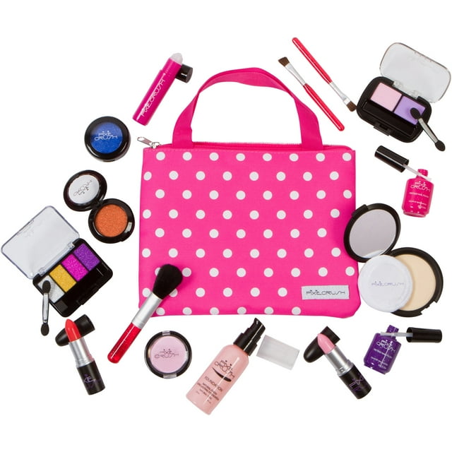 PixieCrush Pretend Play Makeup Kit. Designer Girls "Polka Dot" DELUXE Bag Set