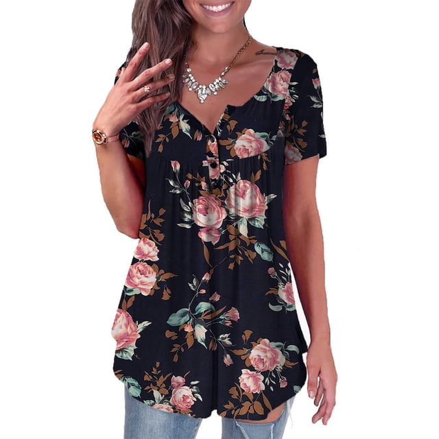 SMihono Hauts pour Femmes Été Décontracté Mode Imprimé Col en V Manches Courtes T-Shirt Ample Blouse Grande Taille