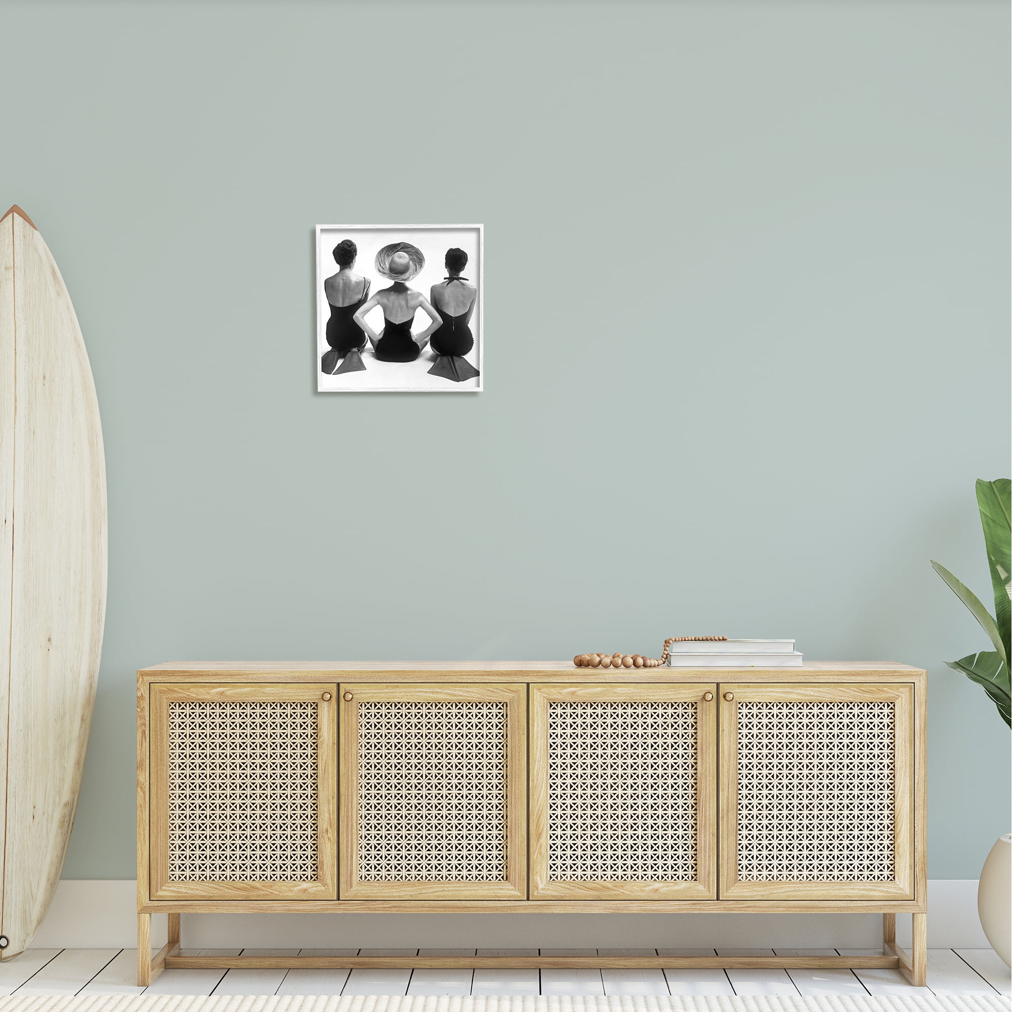 Stupell Industries Women Sitting Beach Monochrome Vintage Swimsuits Flippers Photograph White Framed Art Print Wall Art, Design by Graffitee Studios
