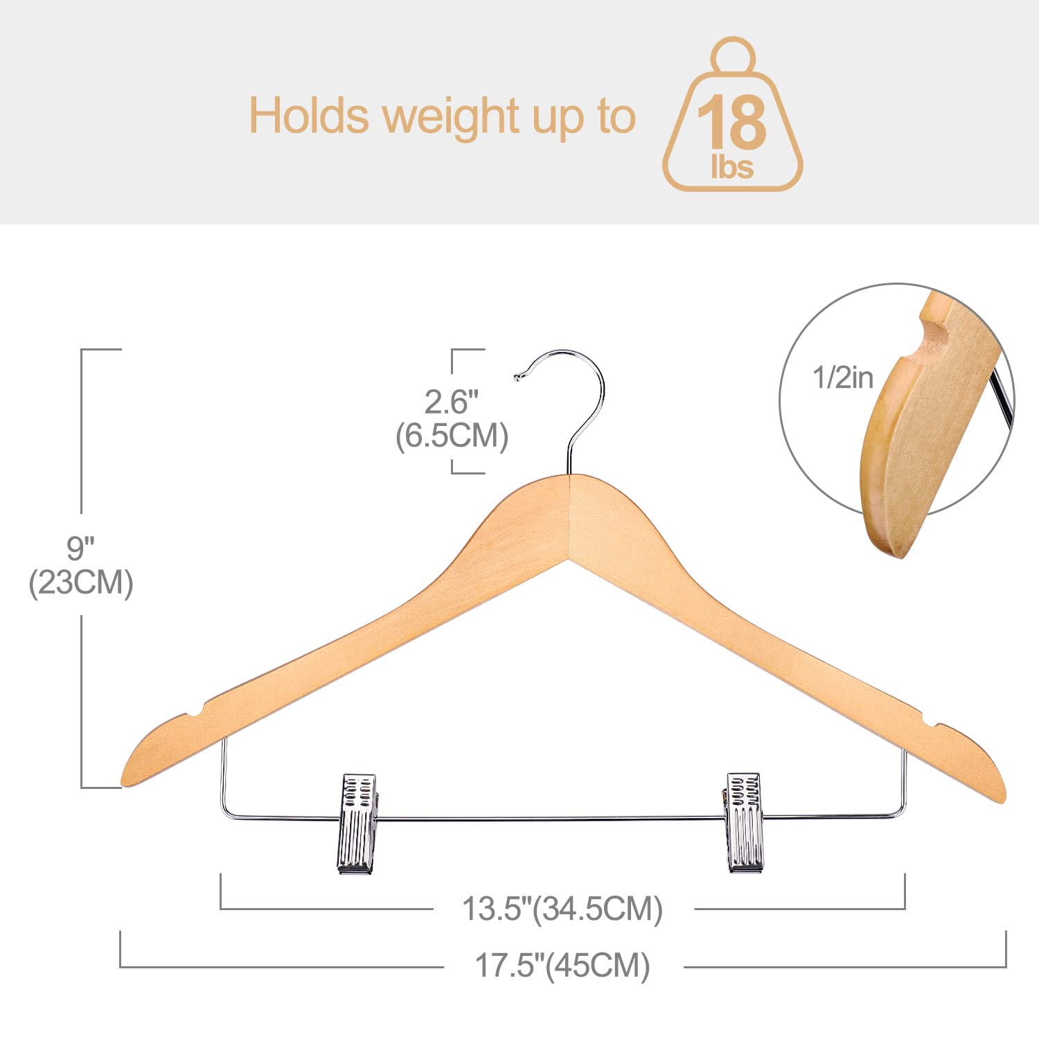 ACSTEP Wooden Hanger with Clips 12 Pack, Premium Coat Hanger, Wooden Clothing Hanger with Shoulder Grooves, 360 Degree Rotatable Hook, Natural