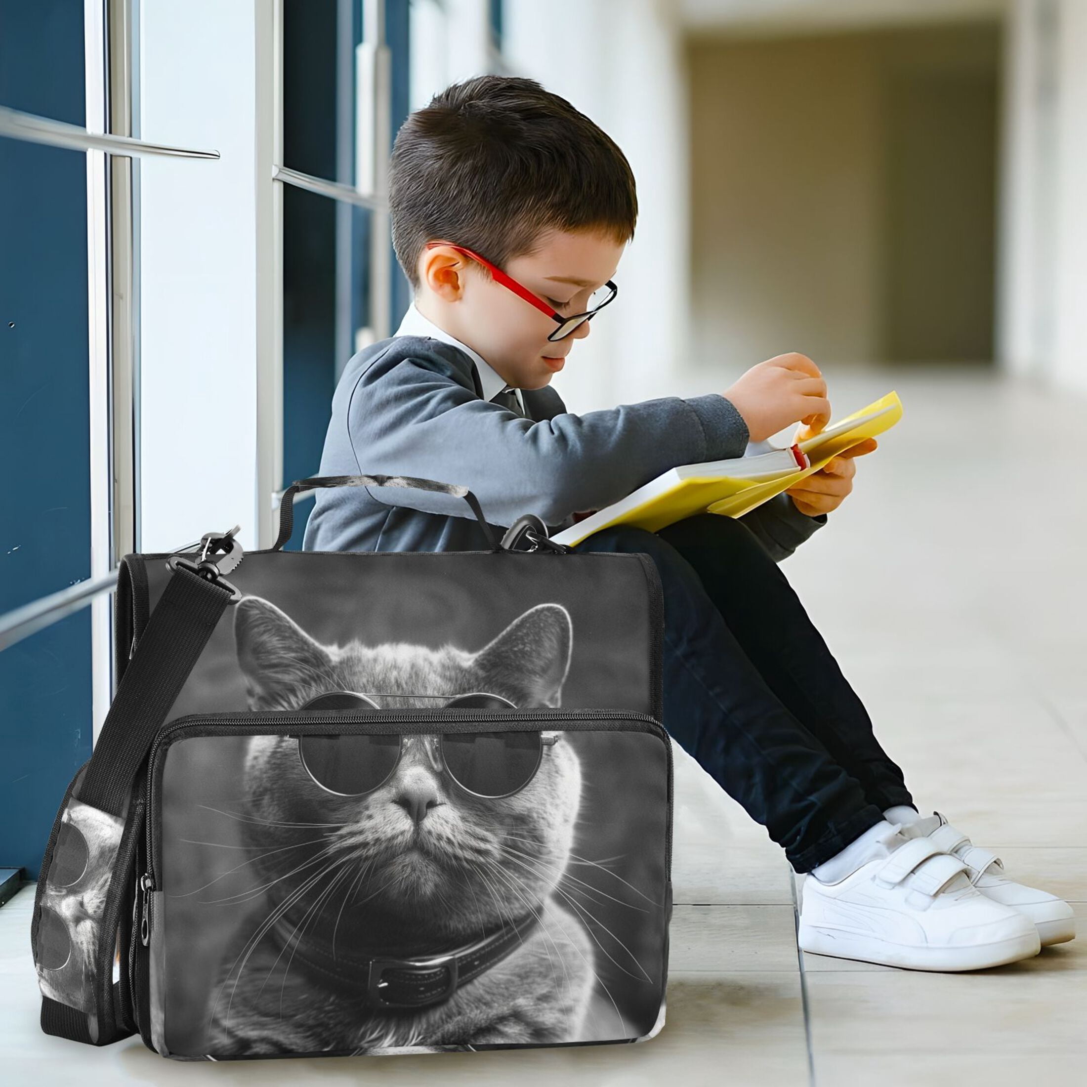 3 Ring Zipper Binder with Shoulder Strap Waterproof Trapper Keeper 1.5 Inch D-Ring 500 Sheets Capacity Cat with Glasses