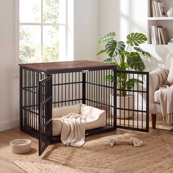SHOUFTW 4-Panel Dog Crate Furniture, 42 inch Iron Wood Dog Cage, Heavy Duty Pet Kennel, Particle Board Top & Metal Frame, Black Rust
