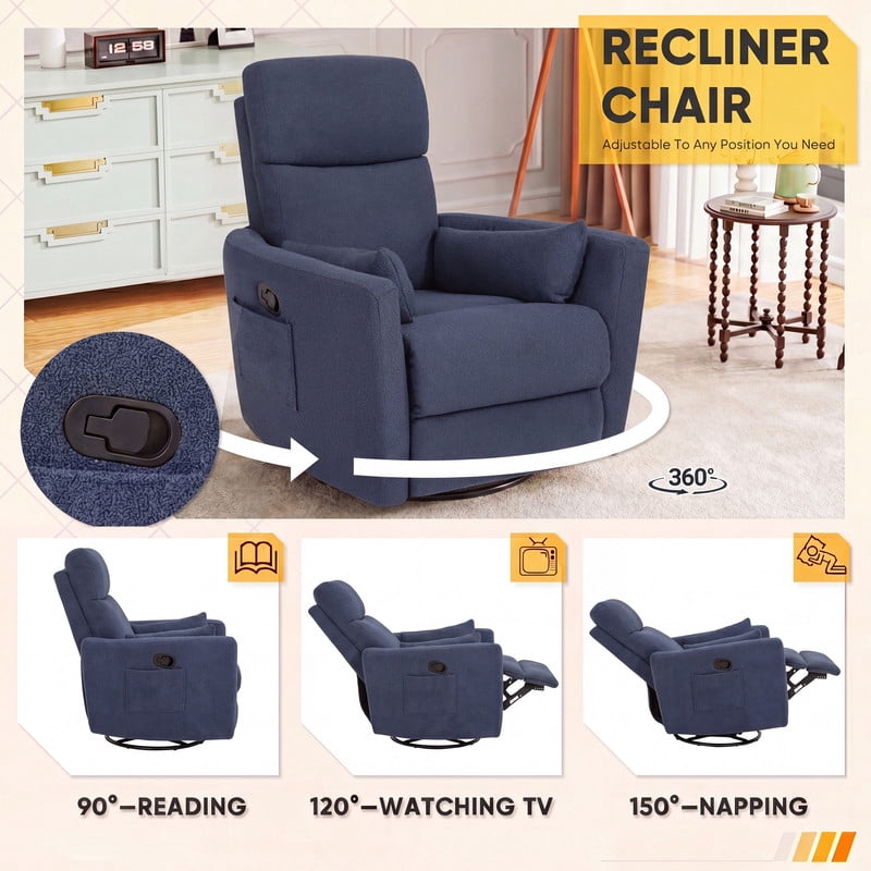 Furmax 360° Swivel Recliner Power Massage Rocker Chair Adult Glider Rocker with 2 Comfy Pillows for Nursery,Loop Yarn Blue