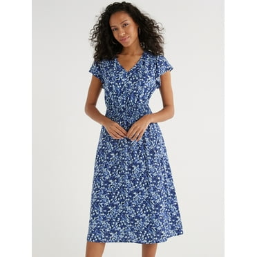 Time and Tru Women’s Smocked Waist Midi Dress with Short Sleeves, Sizes XS-XXXL
