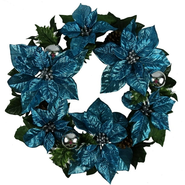 Holiday Time Christmas Decor 18" Blue Poinsettia Wreath  Walmart.com