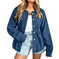 thumbnail image 4 of Nugftut Jean Jacket Women Button Down Long Sleeve Collarless Cinched Waist Denim Jackets, 4 of 8