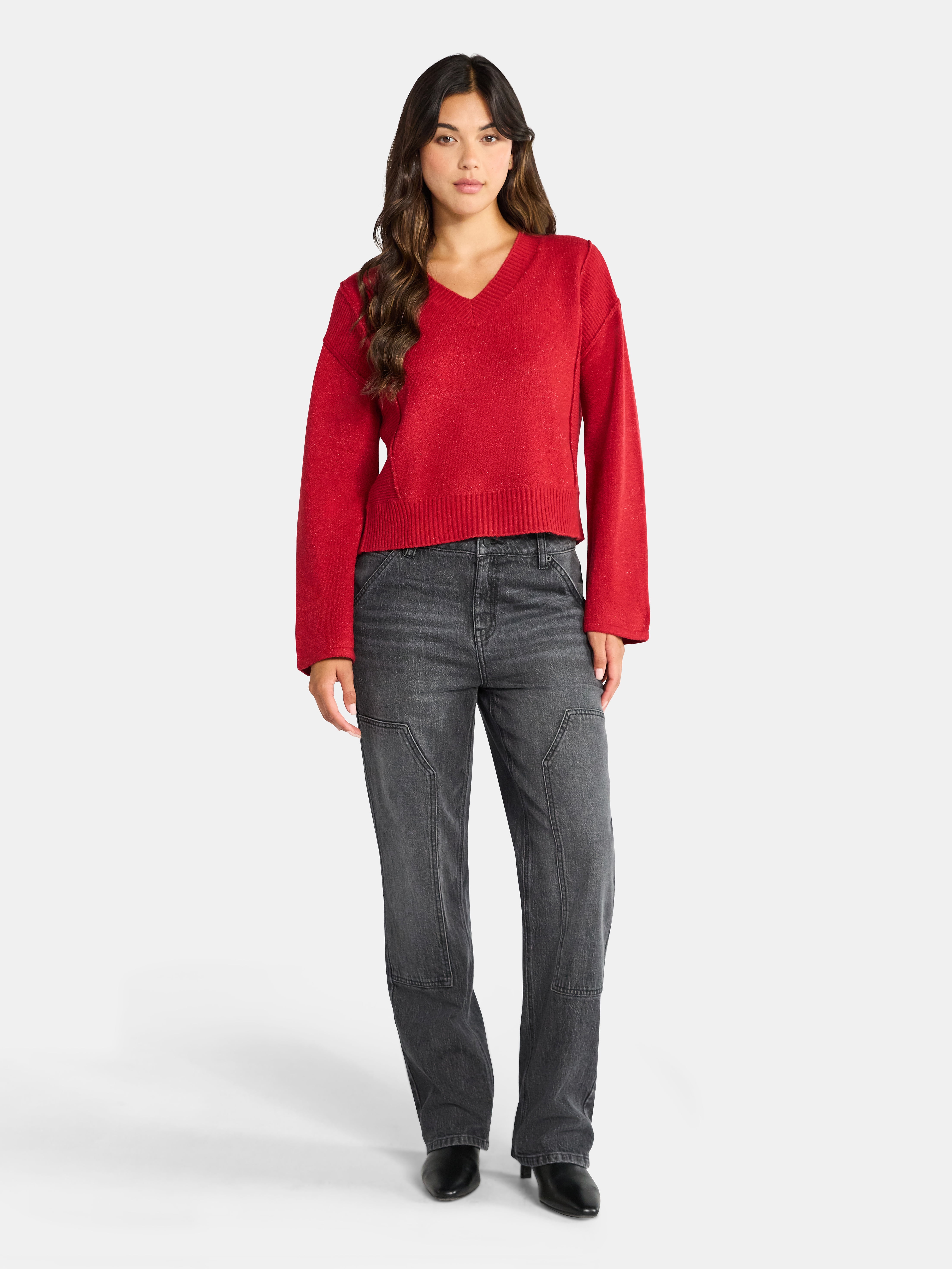Time and Tru Women's Ribbed V Neck Sweater, Lightweight, Sizes XS-XXXL