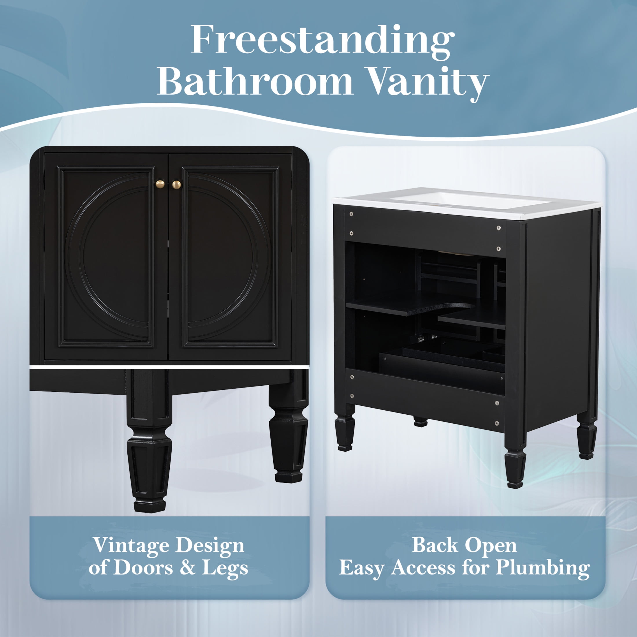 GDF Studio Vintage 30" Bathroom Vanity with Ceramic Sink, Soft-Close Door, and Ample Storage, Black