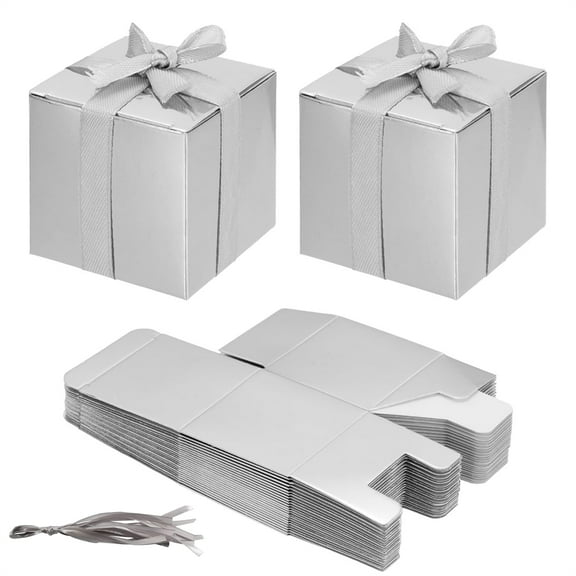 Scheam 30 Pcs Square Favor Boxes 2 inch Mini Candy Box Paper Gift Bags DIY Packaging Boxes Small Items Containers with Ribbons for Birthday Christmas Anniversary (Silver)