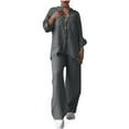 thumbnail image 2 of UVEASISHA Cotton Linen 2 Piece Outfits for Women Long Sleeve Matching Sets Solid Casual Button Down Shirts and Drawstring Wide Leg Pants Set Army Green XL, 2 of 7