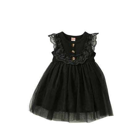 

Canrulo Toddler Baby Girl Summer Dress Lace Ruffle Solid Color Tulle Princess Party Dresses Sundress Black 2-3 Years