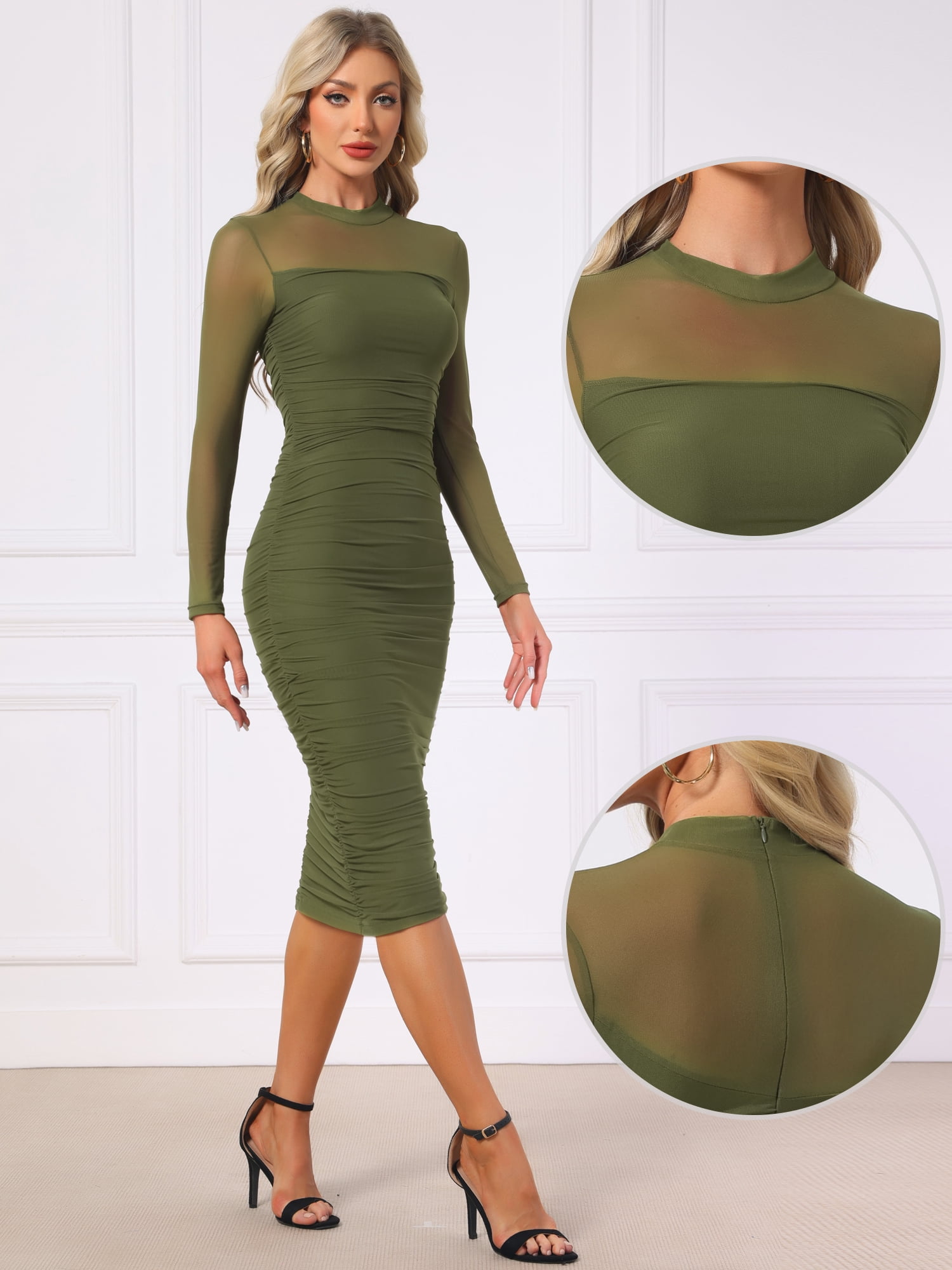 DARING DIVA Mesh Ruch Elegant Cocktail Bodycon Dress S Olive Green