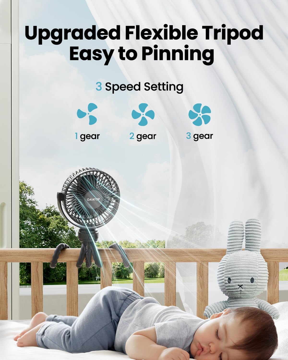 Portable Stroller Fan, Battery Operated Clip On, 3 Speed Rechargeable, 360° Rotate for Car  Crib Travel Black