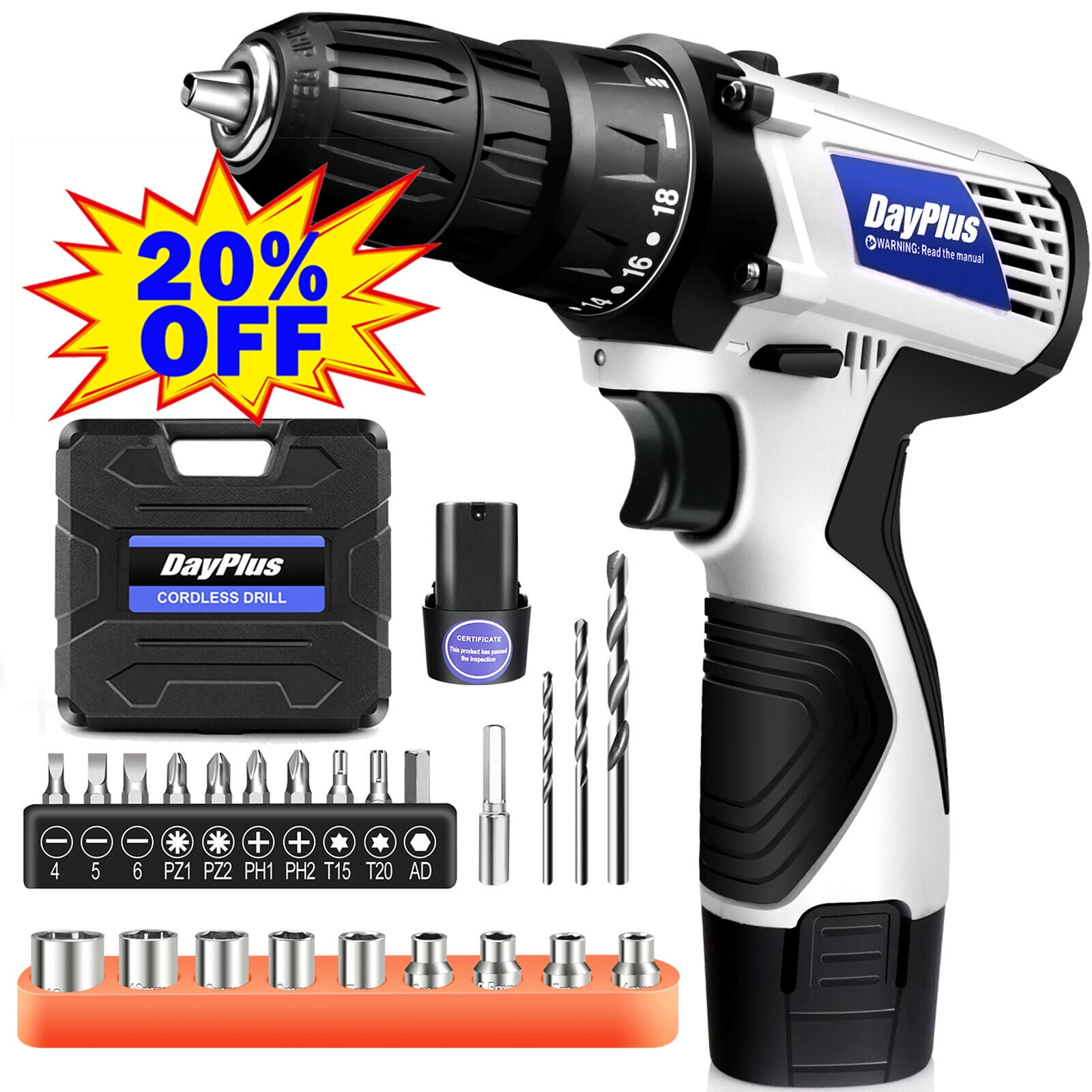 Dayplus 12V Electric Cordless Drill 3/8''Wireless Power Driver