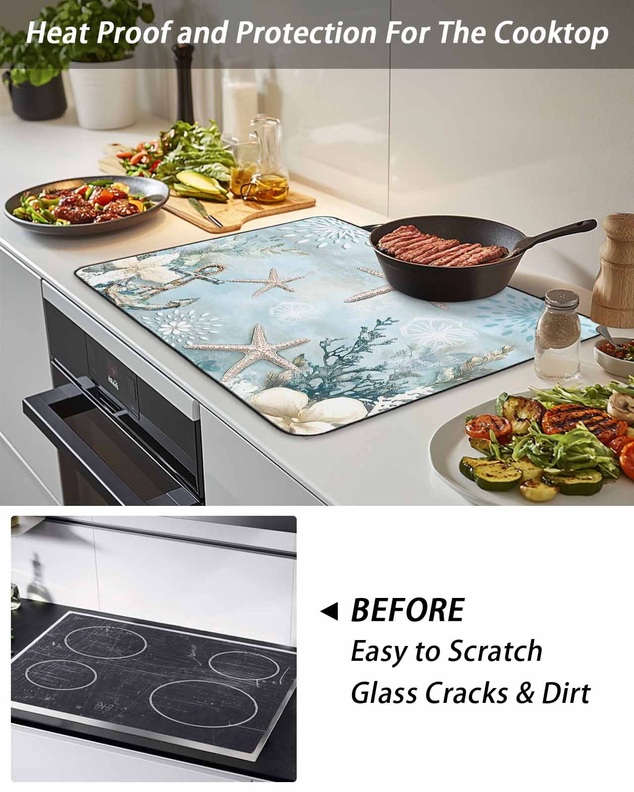 Stove Top Covers for Electric Stove, Teal Ocean Coastal Glass Stovetop Cover Protector, Summer Beach Nautical Coral Starfish Induction Cooktop Protector Oven Mat for Kitchen Countertop 24"x21"