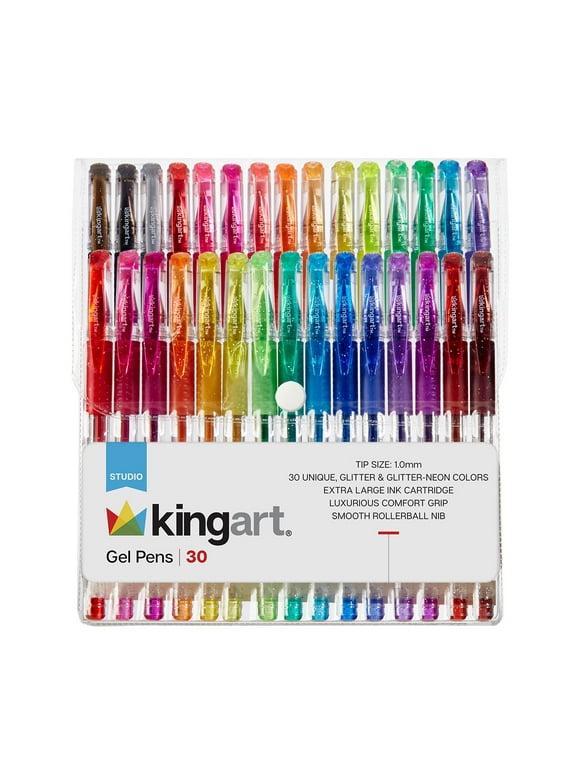 Kingart, Soft Grip Glitter Gel Pens, XL 2.5mm Ink Cartridge, Set of 30 Unique Colors