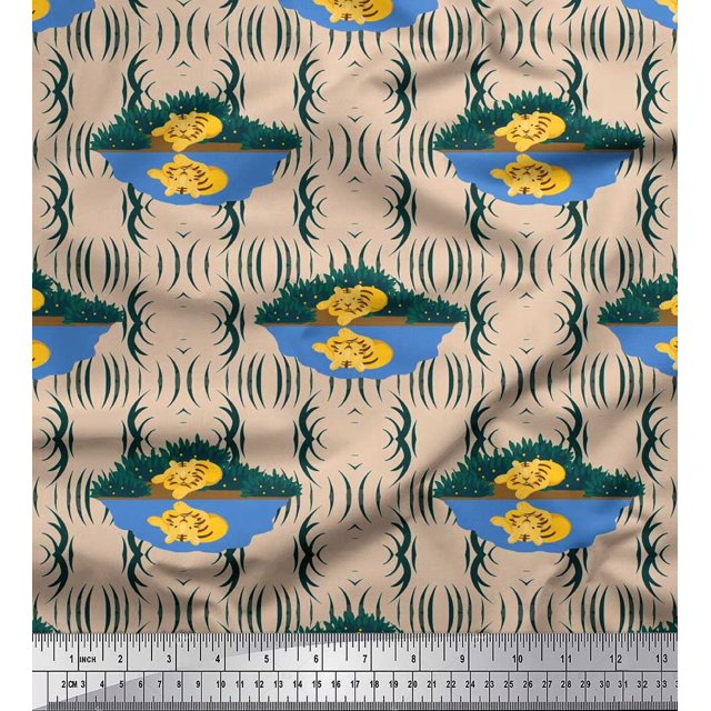 Soimoi Velvet Fabric Grass & Tiger Kids Fabric Prints by Yard 58 Inch Wide