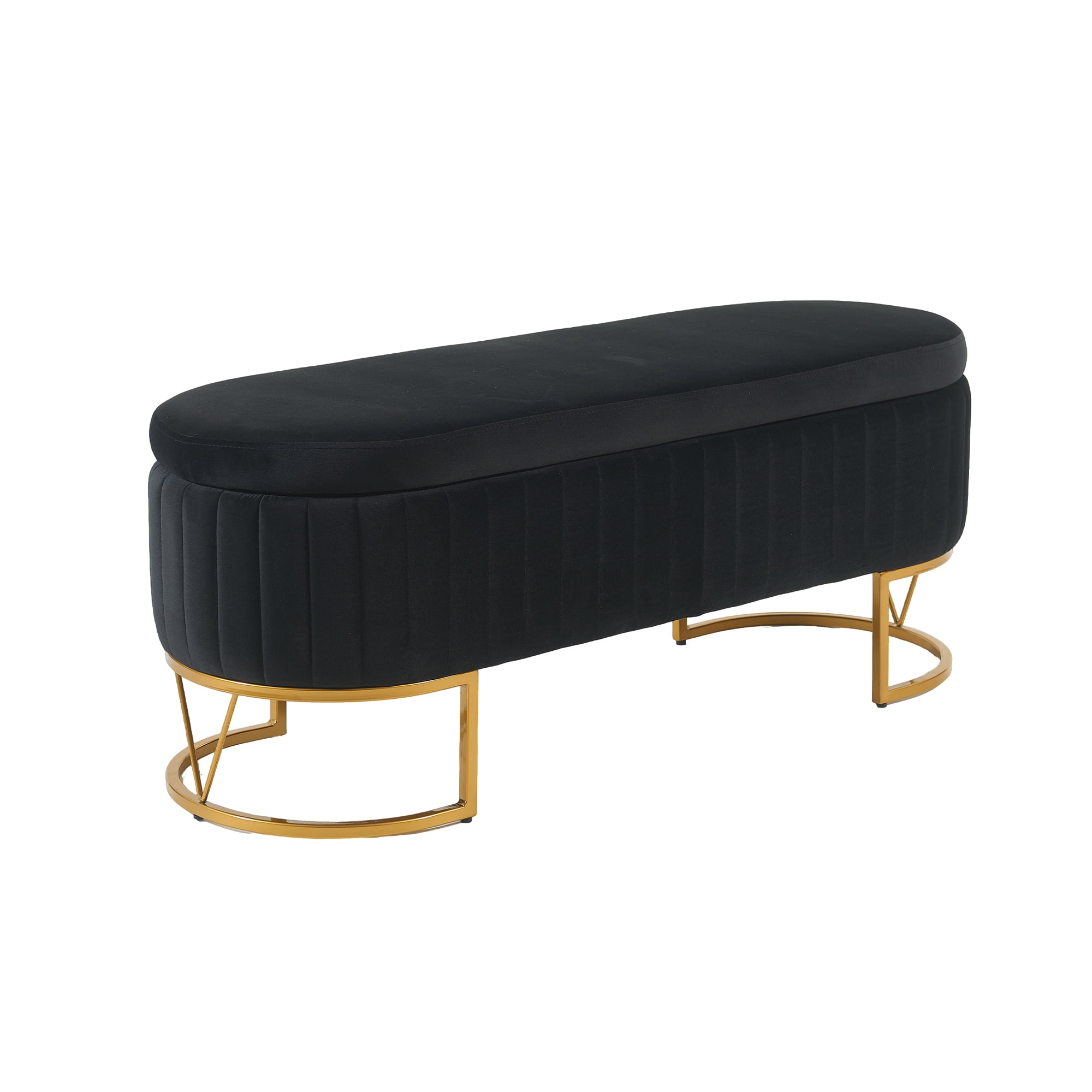 Storage Bench Bedroom Bench, Velvet Oval Upholstered End of Bed Bench with Golden Metal Legs, Modern Storage Ottoman Bench for Bedroom, Living Room, Entryway,Window,Black