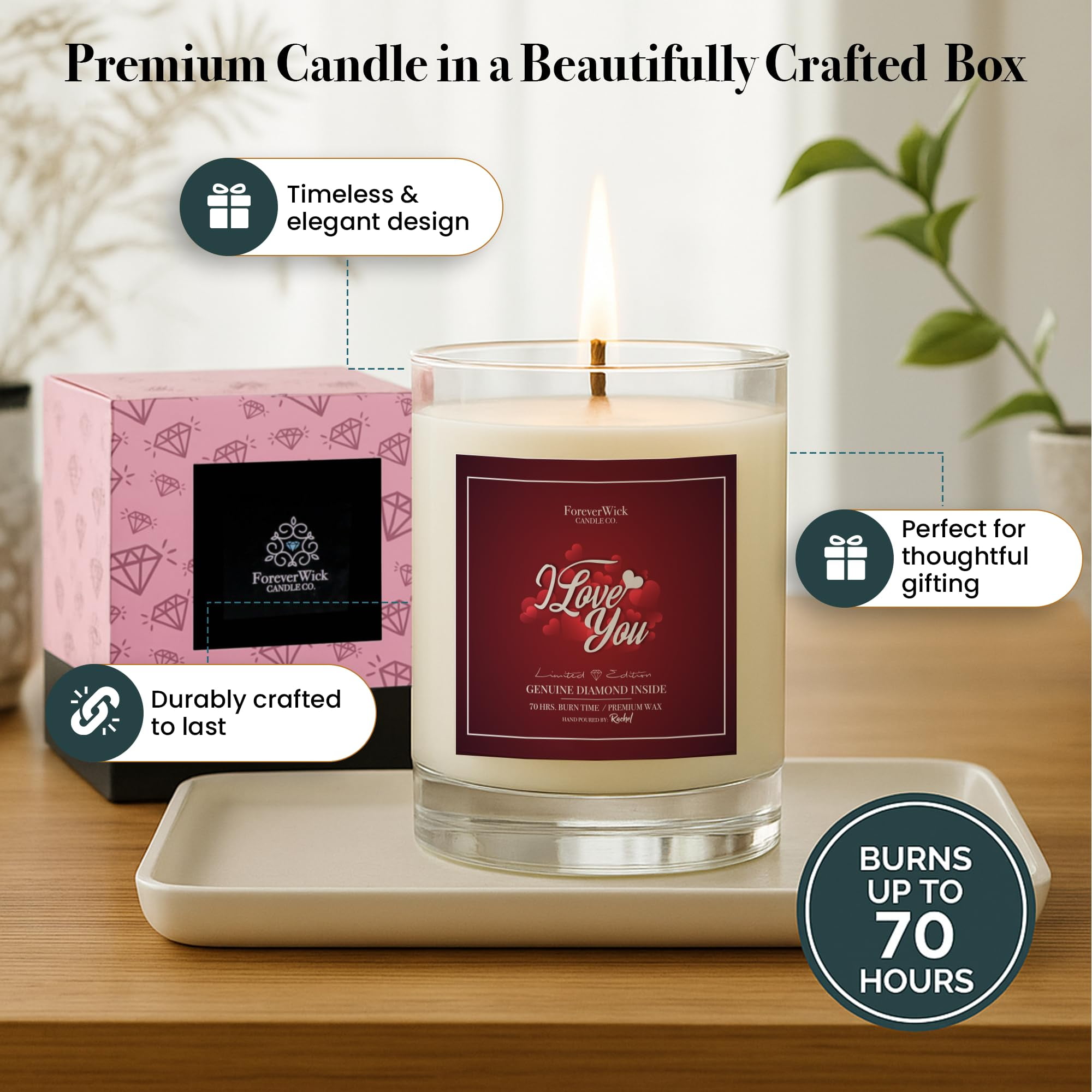 I love you Surprise Candle With Diamond Inside | Foreverwick Candles | Scented Soy Candles Gifts For Women Anniversary Candle Wax | Romance Candles All-Natural Organic Soy Candle 14oz | 70h