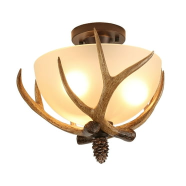 3-Light 60 Watts Antler  Glass Semi Flush Mount Fixture Ceiling Lighting Bronze