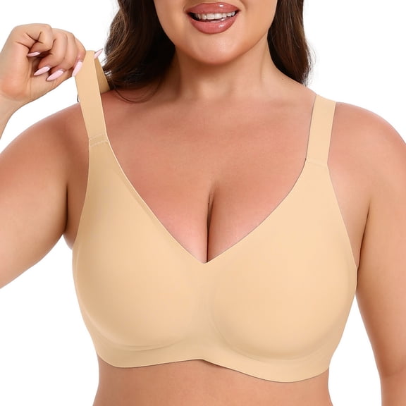 Roszoe Wireless Bra, No Underwire Seamless Full Coverage Bra, Comfortable Supportive Tshirt Bralette for Women, Plus Size(Nude-L)