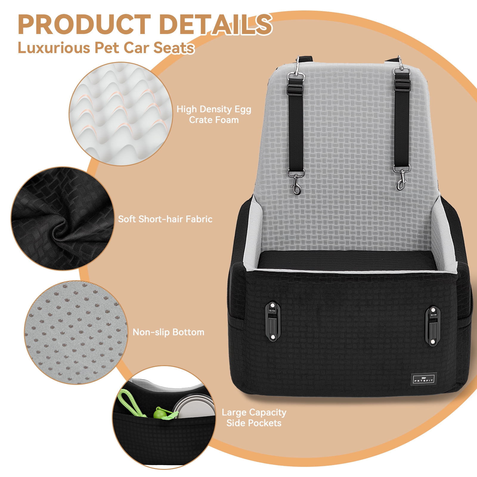 PETSFIT Dog Booster Car Seat for Small/Medium Dogs Up to 35 lbs – Patented Safety System, 6" Memory Foam Pet Booster Car Seat, Fully Detachable and Washable,2 Storage Pockets (Black & Grey)